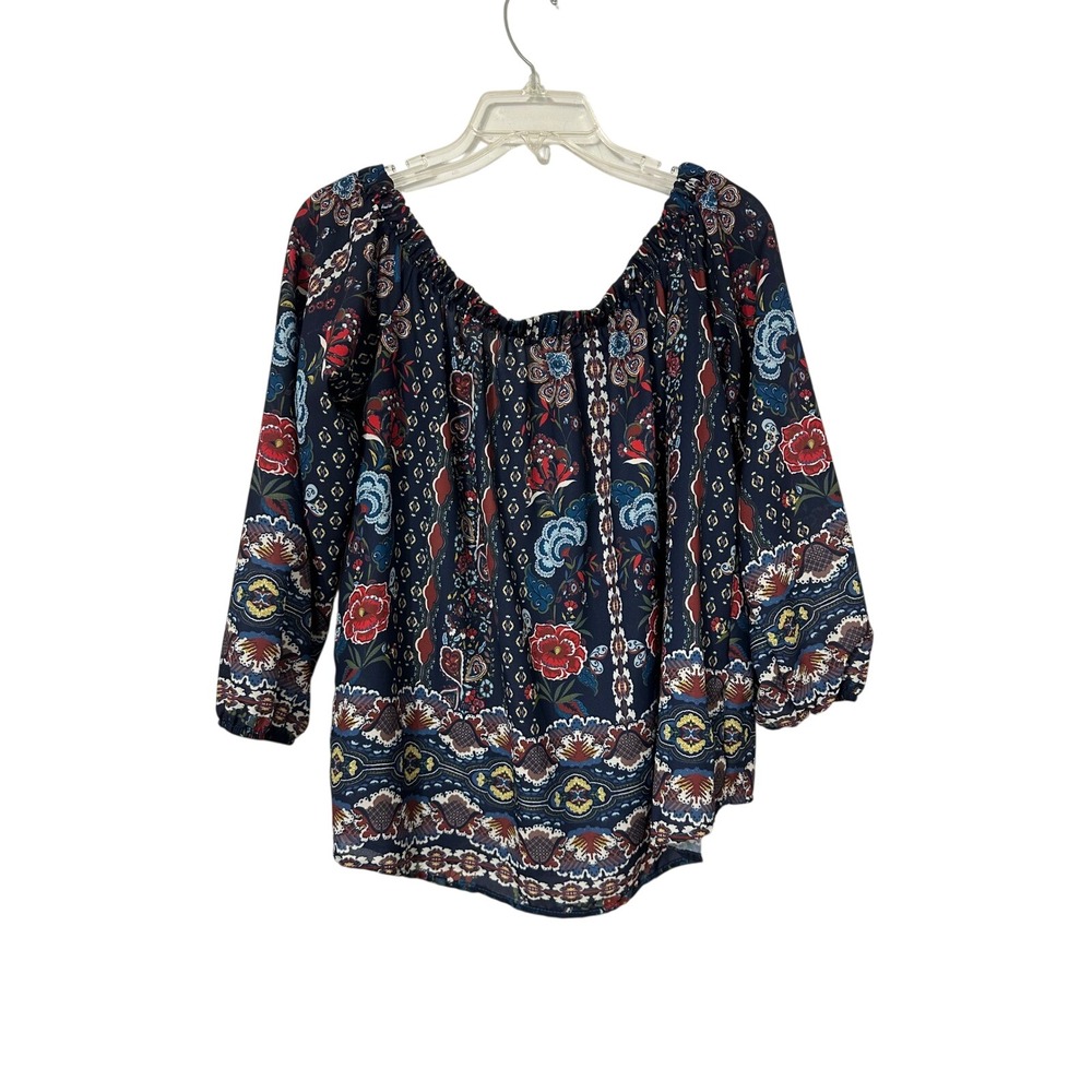 Peach Love California Navy Floral Paisley Boho Off Shoulder Peasant Blouse Small